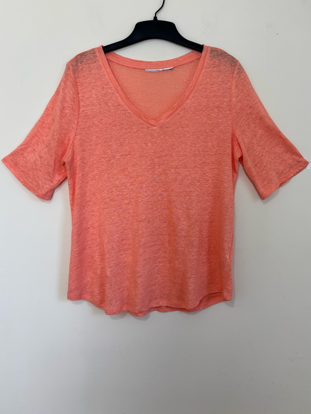 Tahari Linen coral V-neck short sleeve natural office causal knit sweater top M